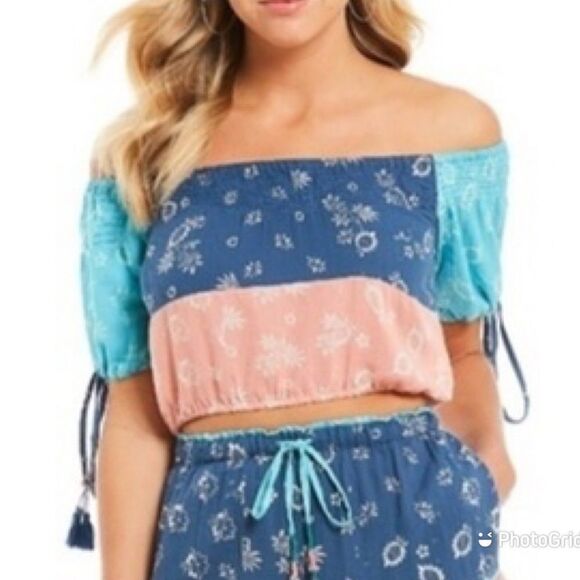 KOPAL Off The Shoulder Crop Top Cotton Short Sleeve Anthro Blue Pink Small‎ New - Picture 2 of 11
